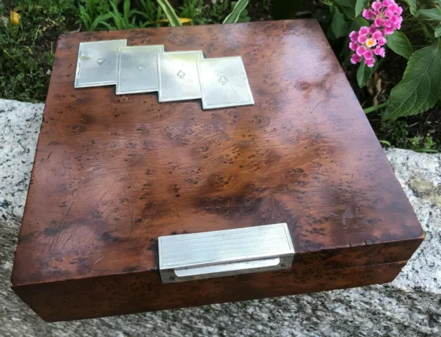 Vecchia scatola in legno - per carte da gioco - inserti in argento 800