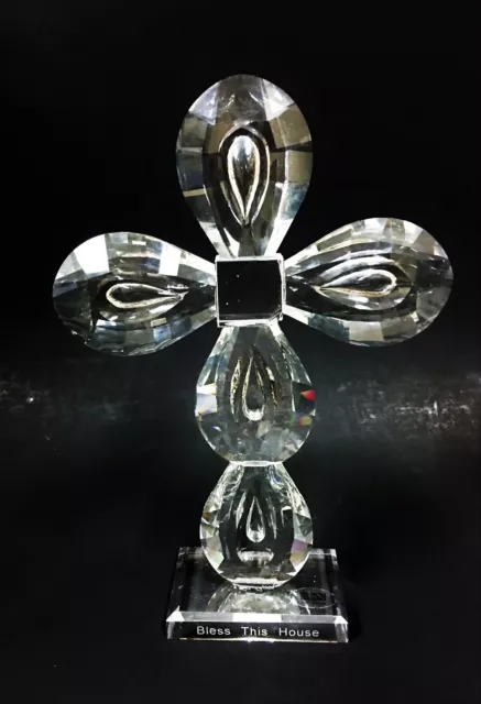 Oleg Cassini Diamond Cut Glass Crystal Cross 'Bless This House" Plate Figurine