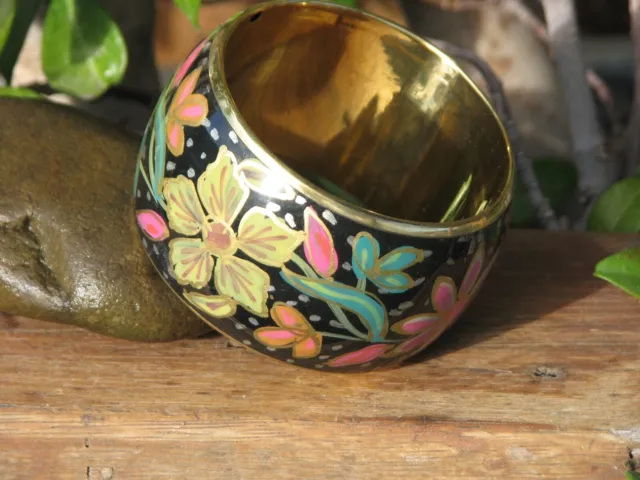 Brass Bangle Hand Painted Black Floral Design - Omni New Age