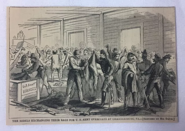 1862 magazine engraving~REBELS EXCHANGING RAGS FOR US ARMY OVERCOATS