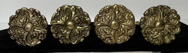 4 Antique Brass Curtain Tie Backs, Floral pattern, 3" diameter, 3 1/2 long