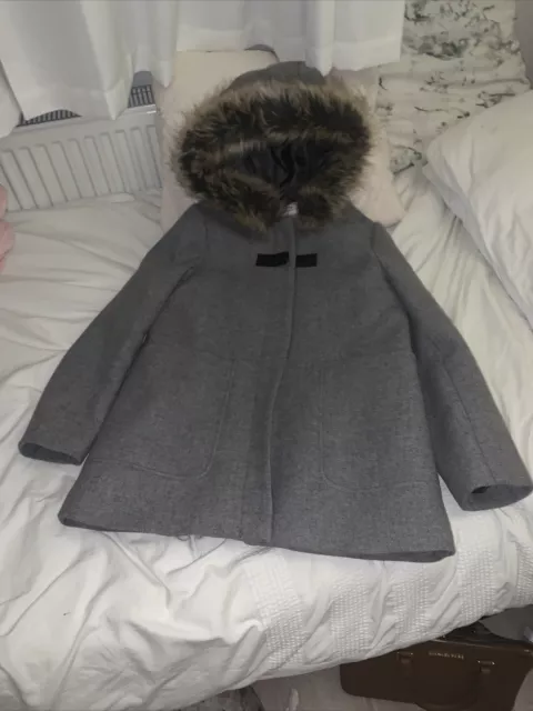 Zara Grey Zip Up Winter Coat Faux Fur Hood Age 13-14