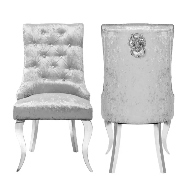 Light Grey Crushed Velvet Lion Knocker Buttoned Back Dining Chair w/ Chrome Legs