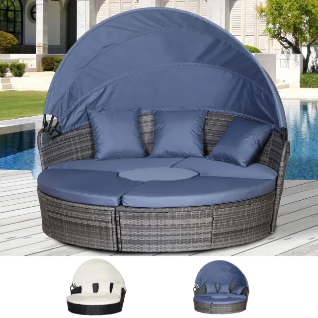 5-PC Cushioned Outdoor Plastic Rattan Round Sofa Bed Coffee Table Set Black/Grey