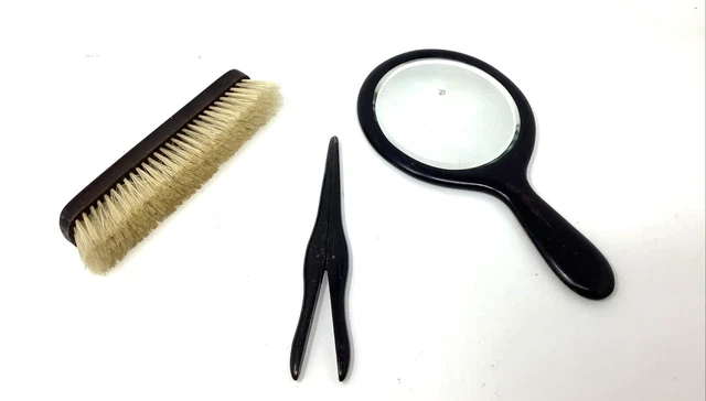 Vintage Ebony Wood Glove Stretchers, Mirror & Clothes Brush Set Real Bristles