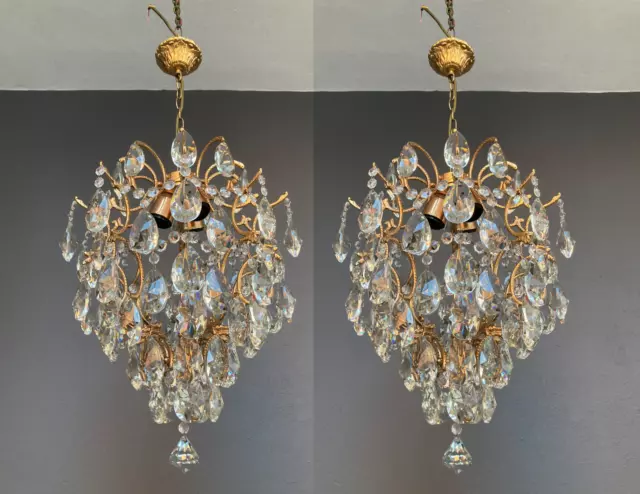 Pair of Antique French Cage Chandelier, Vintage Brass Chandelier Empire