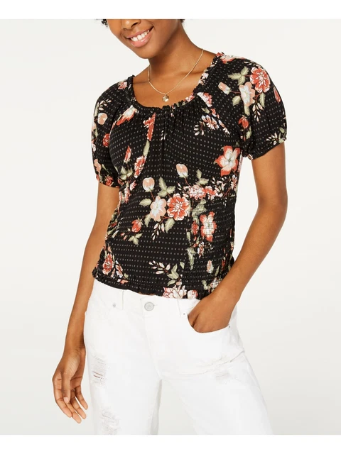 America Rag Women's Floral Pouf Jewel Neck Blouse Black Size XXS