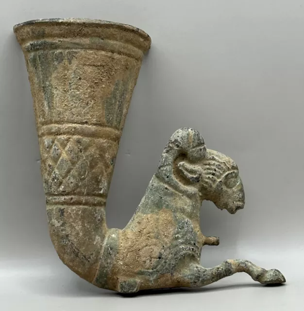 Beautiful Ancient Near East Bronze Rhyton Vessel With Ram Head Circa 500 Bc