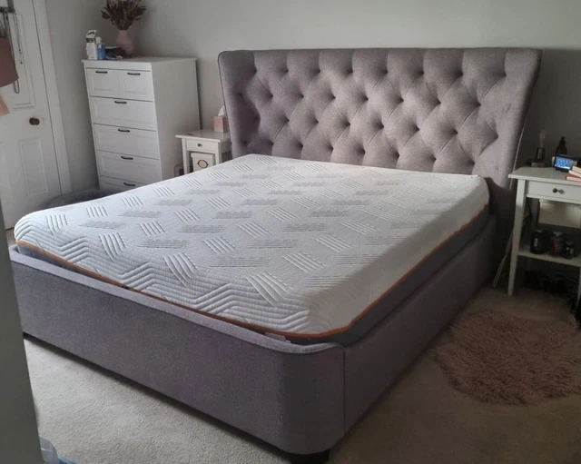 WELLS UPHOLSTERED BED frame, Grey Fabric, Solid Slats, super king size