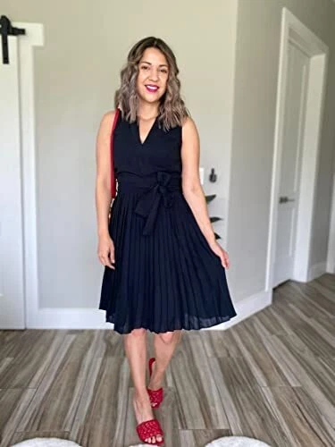 GRACE KARIN Womens Vintage Pleated Work Dress Solid Sleeveless V-Neck Funeral
