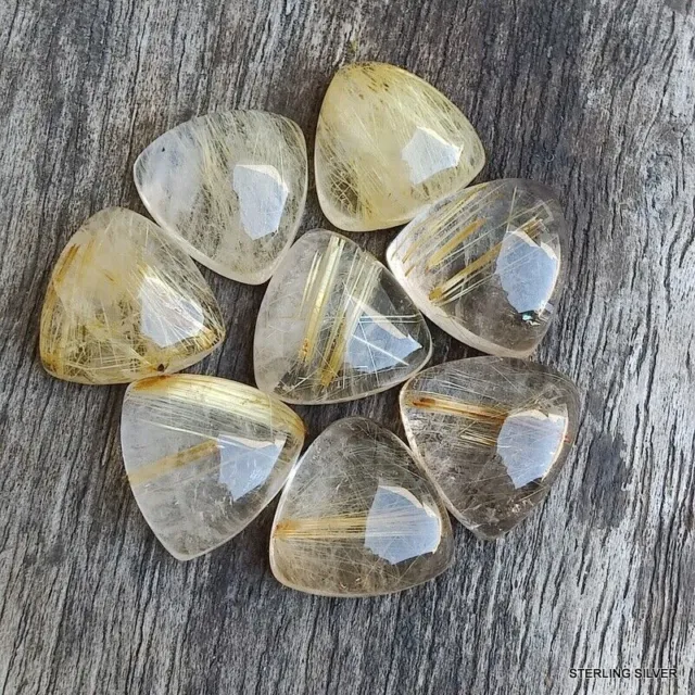 Natural Golden Rutile Quartz Trillion Cabochon Flat Back Calibrated Gemstones