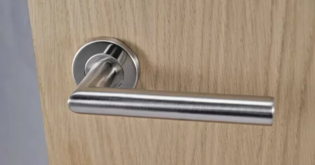 MITRED Modern Door Handle LATCH Set on Sprung Rose Satin Stainless Steel 2