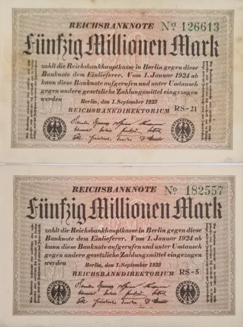 2 x 50 Millionen Mark Reichsbanknote /  Geldschein vom 01.09.1923 °