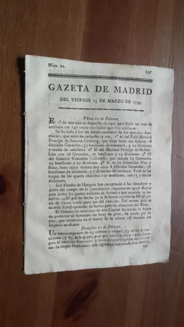 1793 Gazeta de Madrid Núm 22 del Viernes 15 Marzo Amsterdam Cagliari Francfort