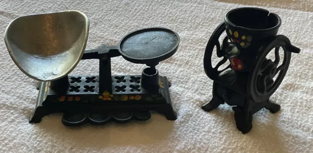 Antique Cast Iron Balance Scale W/ 2 Metal Tray And Grinder Set