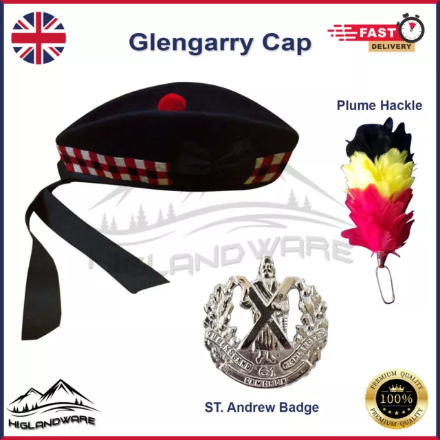 Highland Scottish Glengarry Hat Piper Bonnet Triple Diced With Badge & Hackle