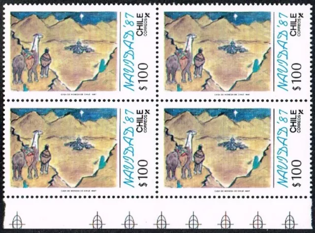 Chile 1987 Briefmarke # 1270 Mnh Vierblock Weihnachten Gemälde Kind Eckblatt