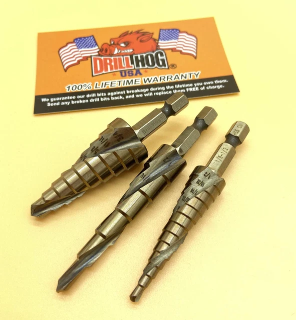 Cobalt Step Drill Bit Set 3 Pc M42 Spiral Step Bit Lifetime Warranty Drill Hog®