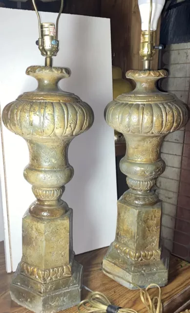 Vtg PAIR  32” Neoclassical Art Deco Carved FAUX Stone Table Lamps Regency Flavor