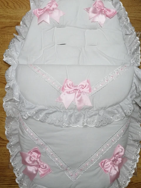 Baby  girls  white /  pink Luxury Large Ribbon Foot Muff Cosy Toes Pram buggy