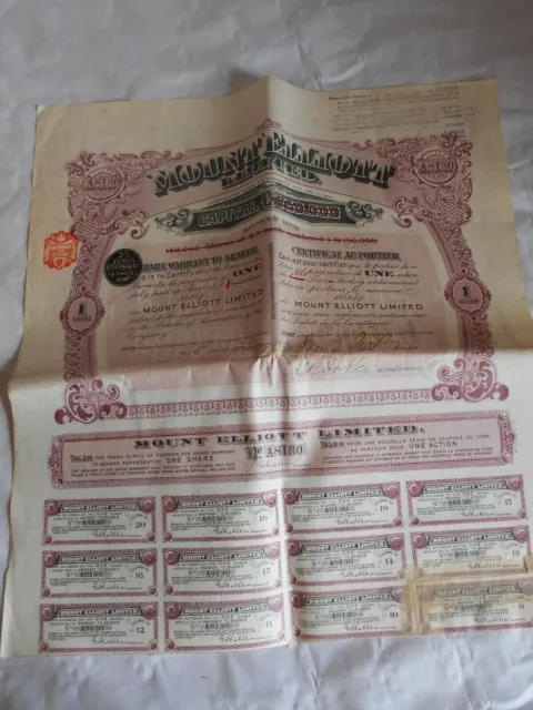 Vintage share certificate Stocks Bonds action mining Mount Elliott limited 1913