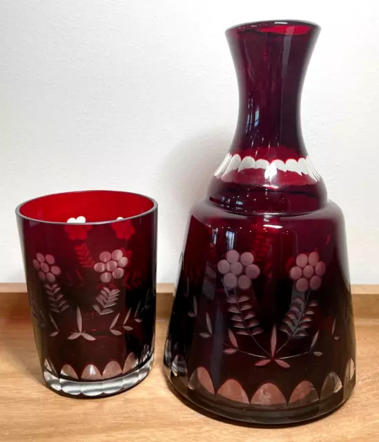 Vintage Tumble Up Cut Glass Carafe Decanter and Cup - cranberry to clear