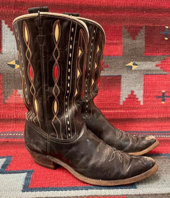ACME 1940s / 50s Vintage Black Leather Fancy Inlay Cowboy Western Boots Mens 8D
