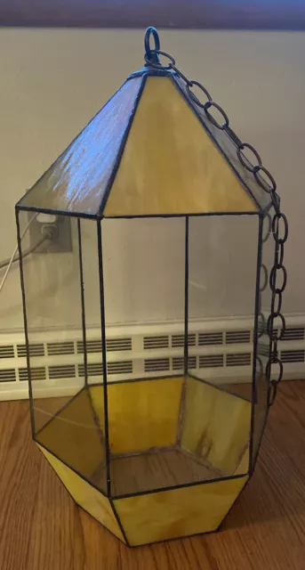 24” Leaded/Stained/Slag Glass Terrarium Plant Pendant Swag MCM Yellow Chain