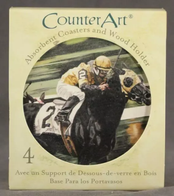 NOS Counter Art 4 Ceramic Coasters & Wood Holder Horse Racing Taking The Lead