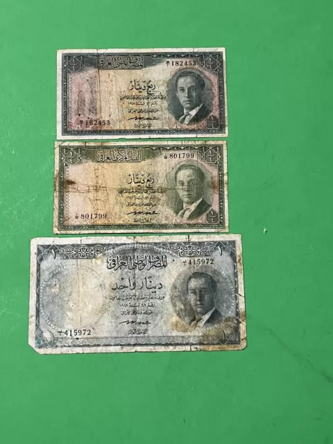 Iraq Kingdom 1/4 Dinar 1947 and  1/4 Dinar 1942 (1955) & 1 Dinar King Faisal II