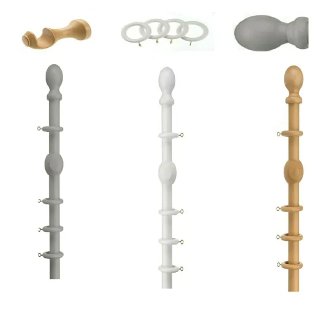 Wooden Curtain Rail Pole 28mm Wood Pole Complete Hook Set With Rings and Fitting