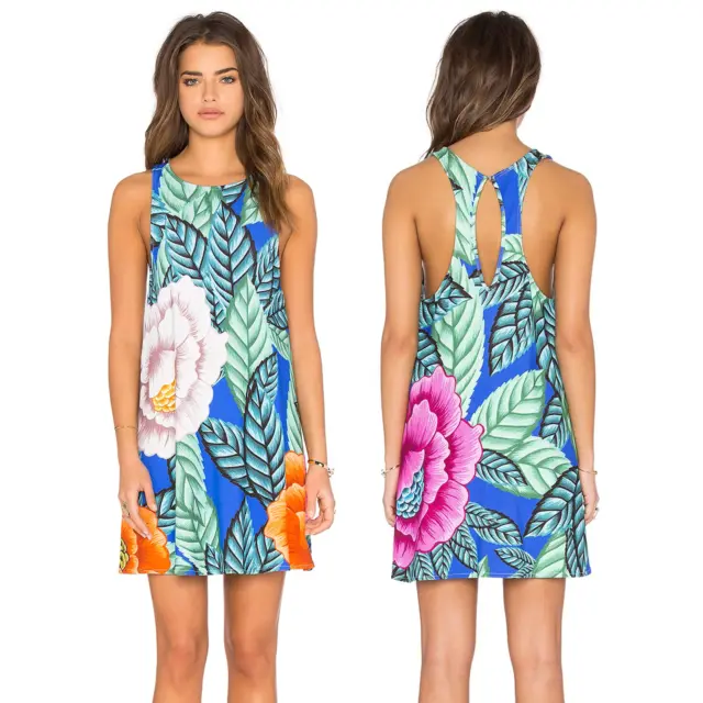 MARA HOFFMAN L Blue Multi Floral Keyhole Racerback Swing Tank Dress NWT