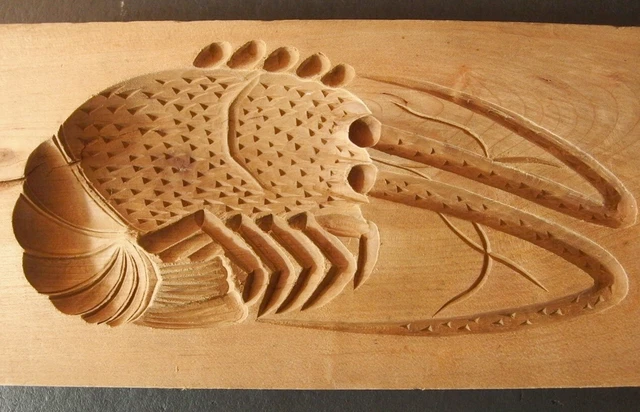 20ksg24 VINTAGE JAPANESE KASHIGATA CAKE MOLD LOBSTER PRAWN EBI WOOD CARVED