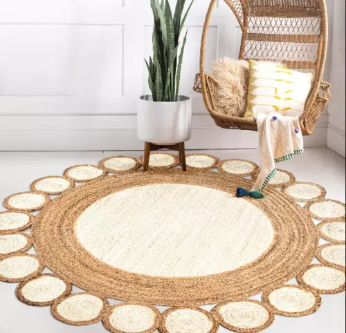 Round Jute Rug Beige White Hand Made Rugs For Living Hallway, Indoor Home Carpet