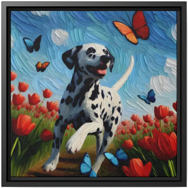 Wall Art Decor Canvas Print Oil Painting Dog Dalmatian Butterflies Tulips Joy