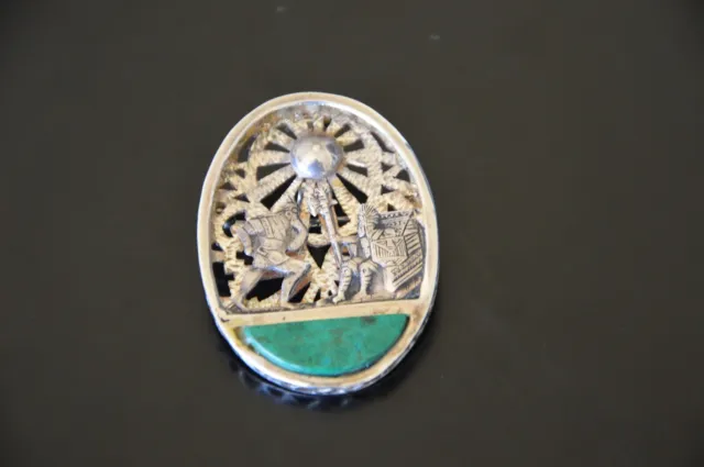 Aztec Green Stone Emperor Throne Sun Openwork Sterling Silver Pendant Brooch