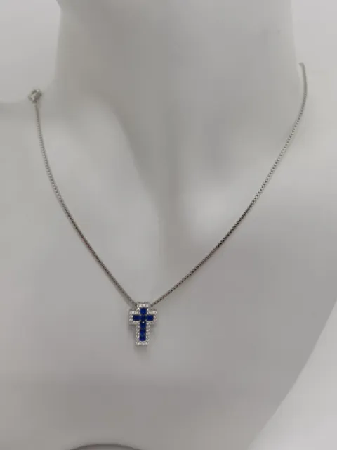 Collana Da Donna Con Ciondolo Croce Cristalli Blu E Zirconi Argento 925 (0409)