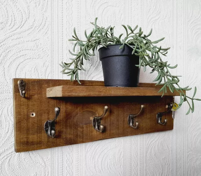 Double Metal Wall Hanging Coat Hat Scarf Hook Hanger With Wooden Shelf Storage