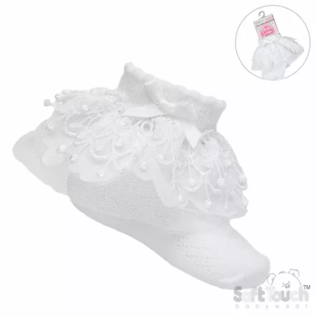 Baby Girls Frilly Lace Bow Ankle Socks White Pink Bell Lace Soft Touch 0-24 Mths