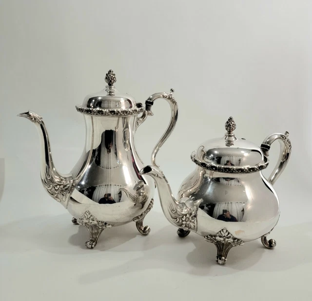 2 Vintage Wilcox Int. Silver Du Barry Floral Silverplate Coffee Pots 7601 7602