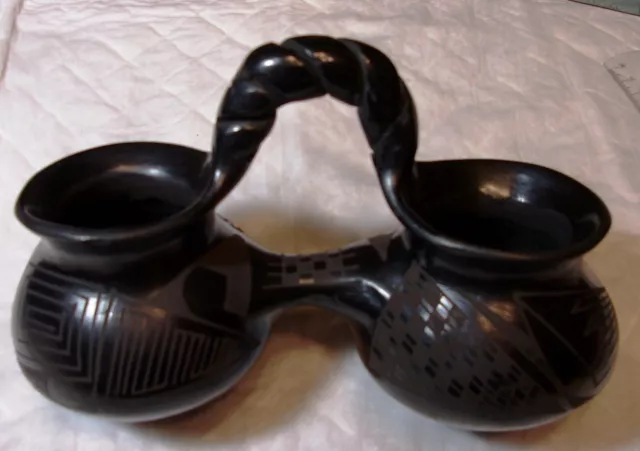 Black Mexican Folk Art Dual Wedding Vessel Black Pottery 