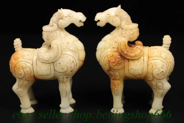 5" Old Chinese Hetian Jade Nephrite Carved Figure Face Horse Statue Pair