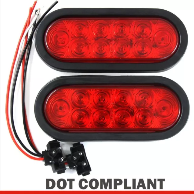 2 Red 6" Oval Trailer Lights 10 LED Stop Turn Tail Truck Sealed Grommet Plug DOT