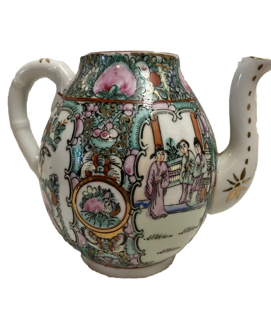 Antique Rose, Medallion Hand Painted porcelain Chinese Tea Pot. 6” W/ No Lid.