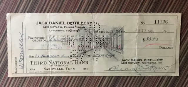 VTG Jack Daniels Distillery  LYNCHBURG, TN - Signed Check - JUNE 17, 1944 $33.93