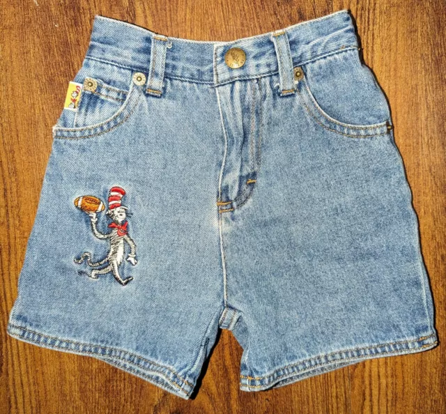 Vintage Dr. Seuss Cat In The Hat Football 12 Months Shorts Denim Embroidered