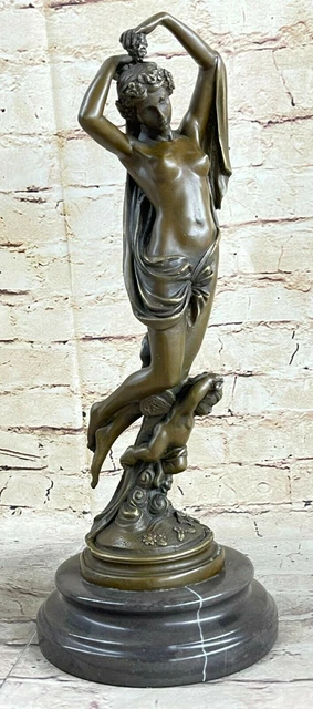 Firmado Grande Carne Mujer con Ángel Bronce Estatua Art Déco Hot Reparto Figura