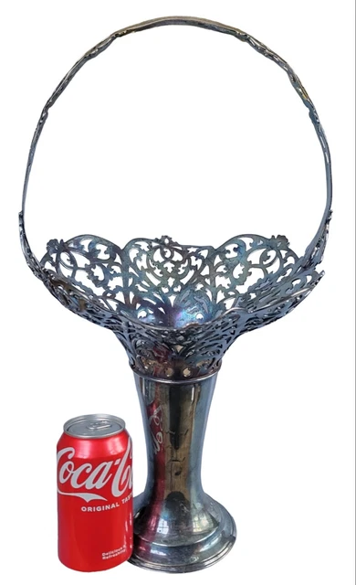 Large Silver Plate Brides Basket Flower Vase Antique Ornate Pierced Forstner 18"