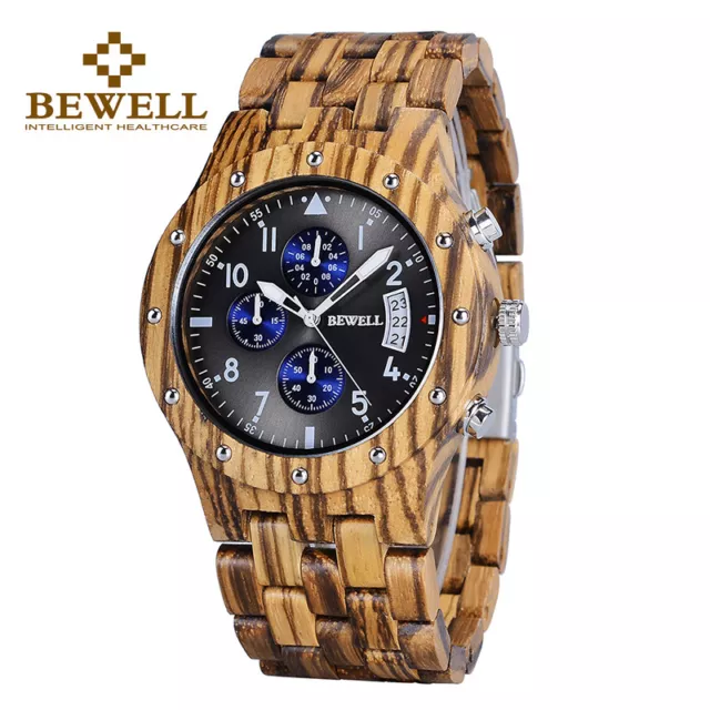 BEWELL Luxury Men's Quartz Wood Watch Date Chronograph Wooden Watches Xmas Gifts