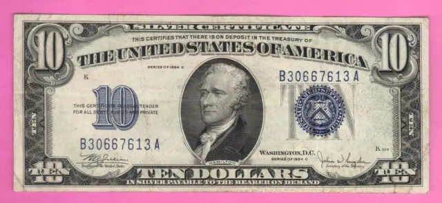 1934 $10 Silver Certificate! Blue Seal, Vf Circ. Cond.! Old Us Currency! Nice !